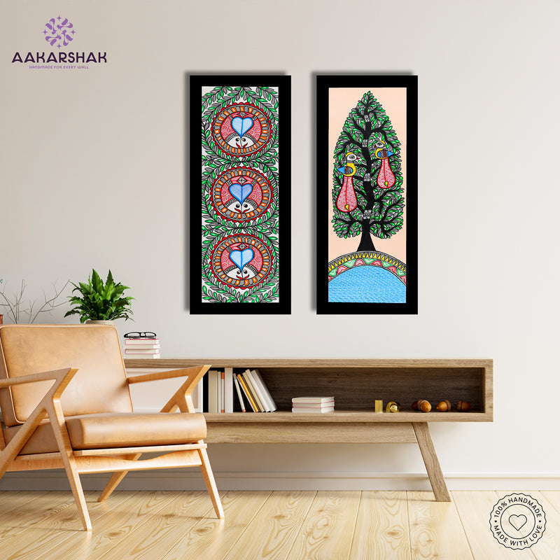 Handmade Madhubani Painting Set of 2 – Fish & Peacock Wall Decor 8x23