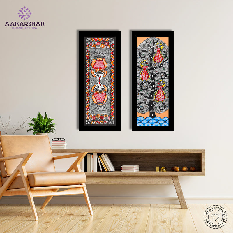 Handmade Madhubani Painting Set of 2 –Fish and Peacock Wall Decor 8x23
