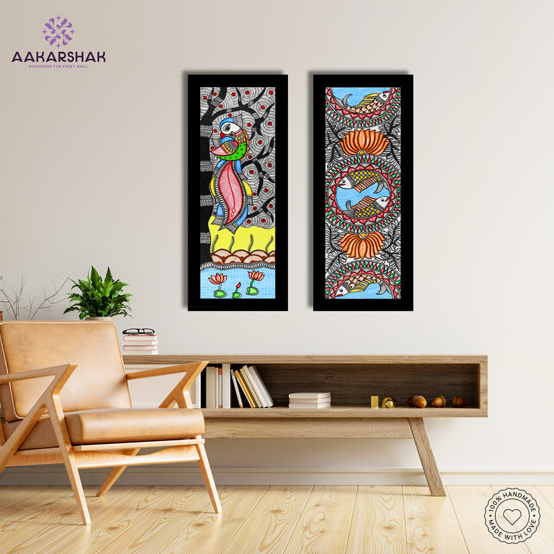 Handmade Madhubani Painting Set of 2 – Peacock and Fish Wall Decor 8x23