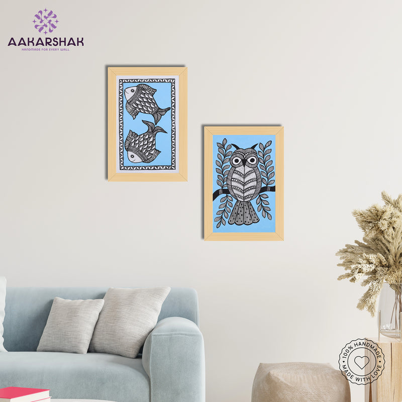 Handmade Fish and Owl Madhubani Painting 8x12 Set of 2