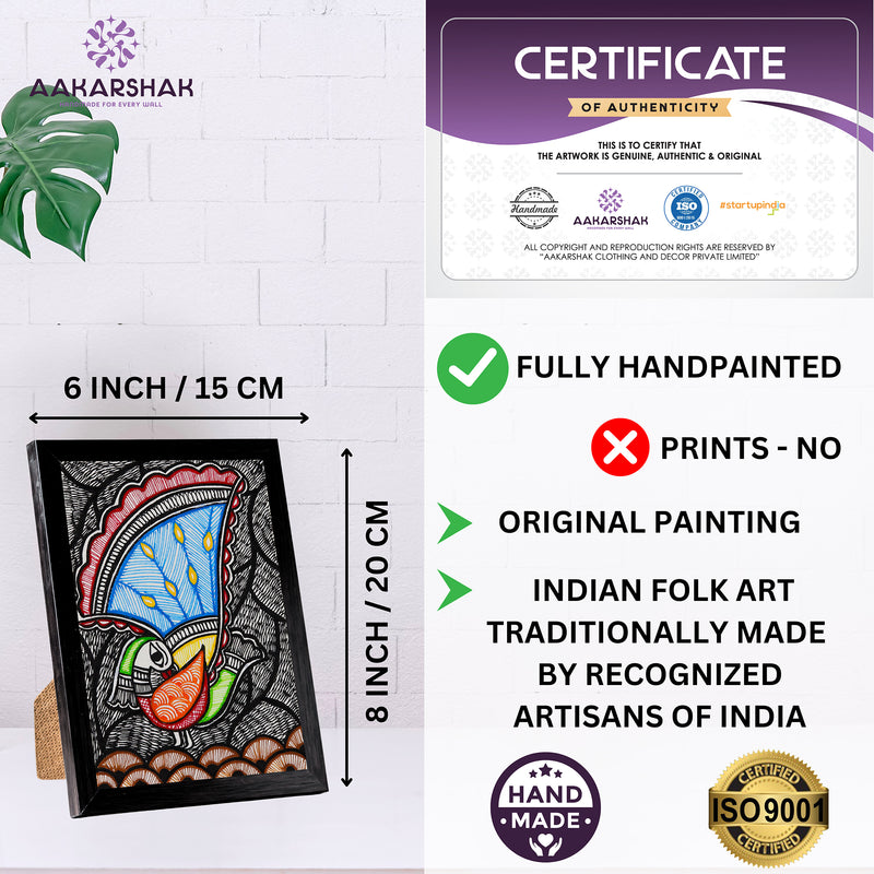 Handmade Madhubani Peacock Painting 6x8 Inch Framed Indian Wall Decor