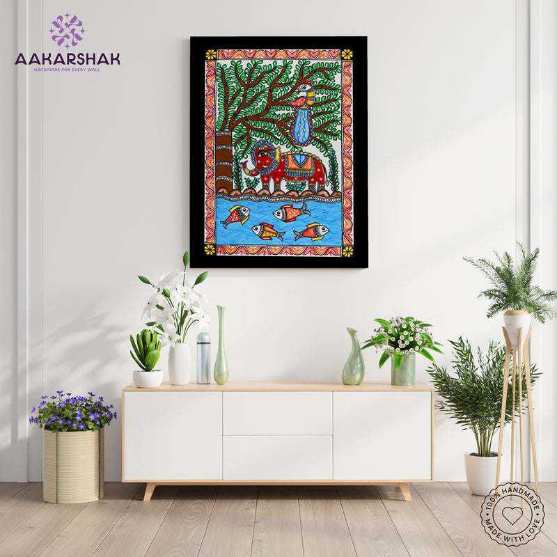 Handmade Elephant Madhubani Painting Wall Decor 17x24