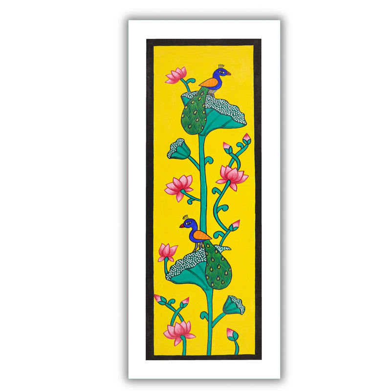 Framed artwork of a colorful peacock-with handmade pichwai painting