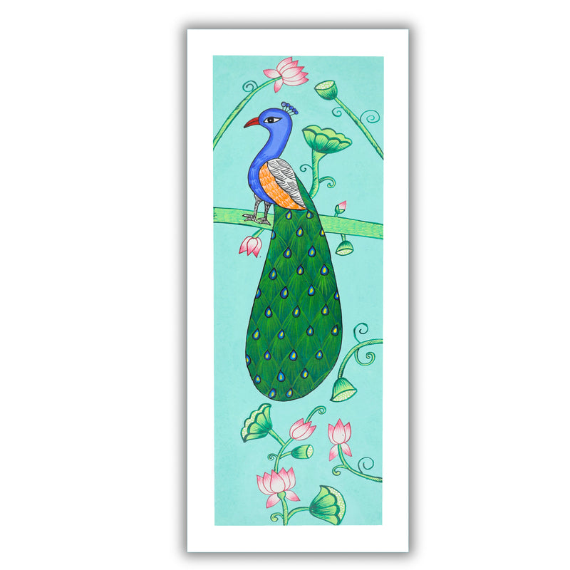 Framed artwork of a colorful peacock-with handmade pichwai painting