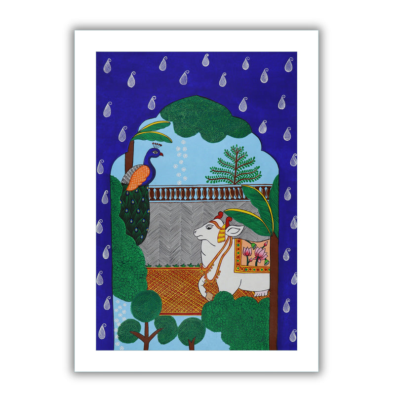 Handmade Pichwai Cow Peacock Jharokha Painting Framed 17x24 Inch Wall Art