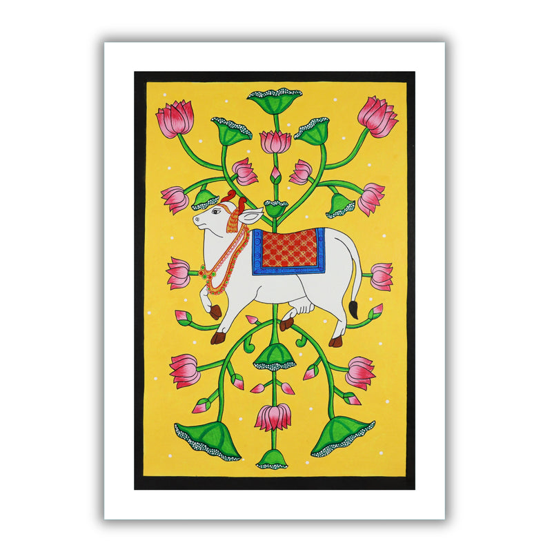 Handmade Pichwai Cow Painting Framed 17x24 Inch Wall Art