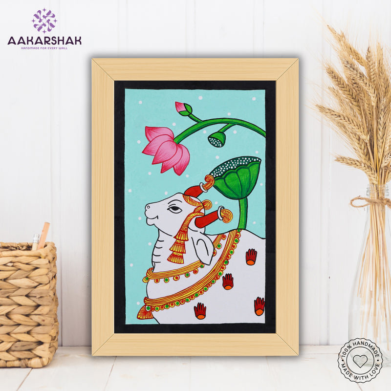 Framed artwork of an cow pichwai painting with sky background-with tabletop stand for home decor
