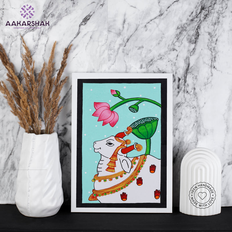 Framed artwork of an cow pichwai painting with sky background-with tabletop stand for home decor