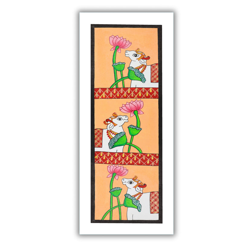 Framed artwork of a colorful cow-with handmade pichwai painting