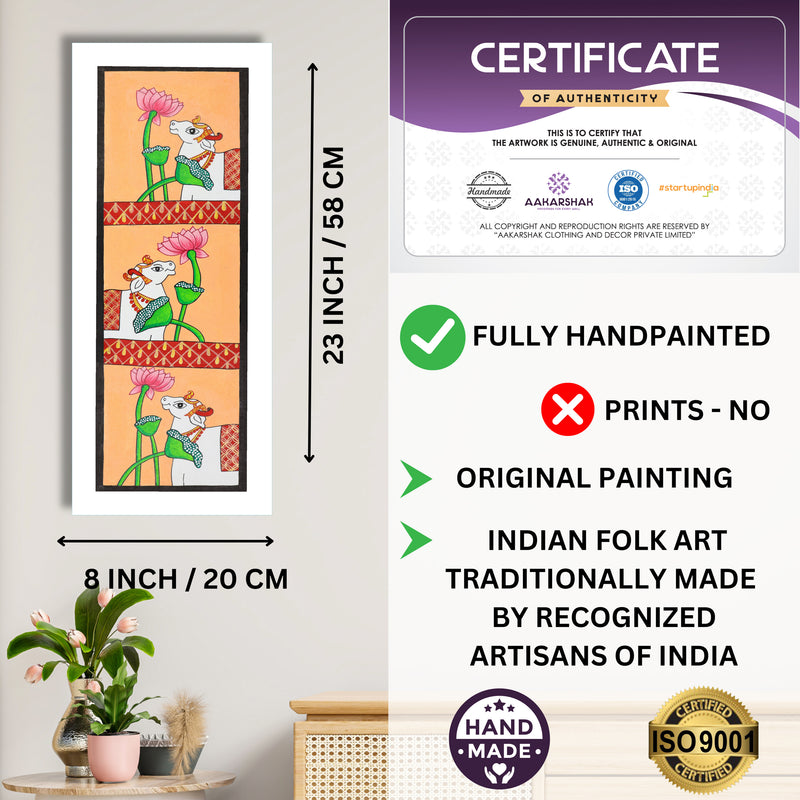 Framed artwork with dimensions, authenticity certificate and handmade iso certified-cow pichwai painting
