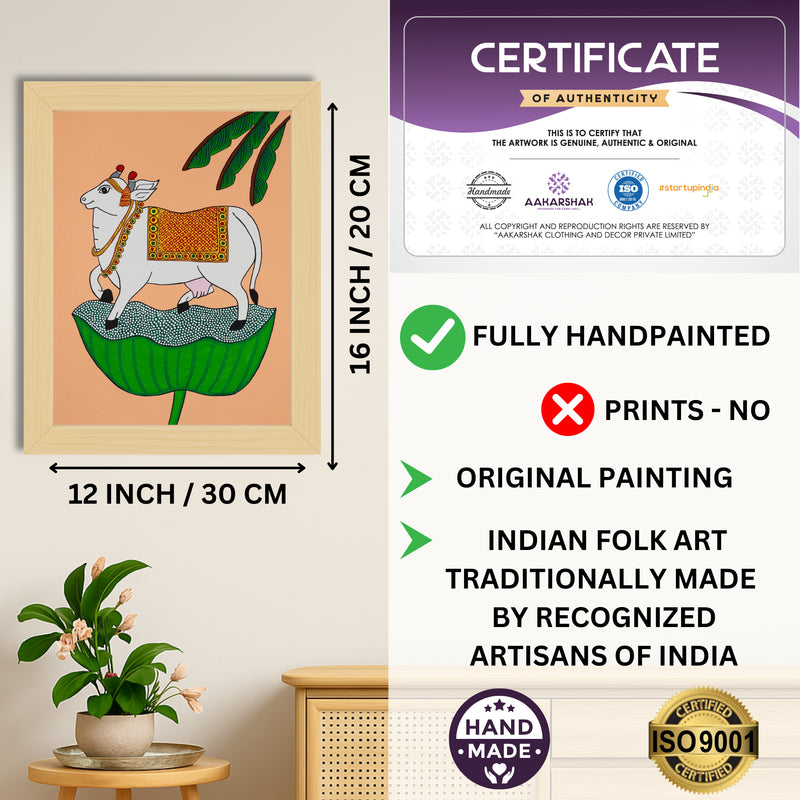 Framed artwork with dimensions, authenticity certificate and handmade iso certified-cow pichwai painting