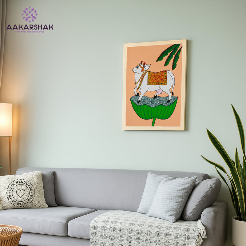 vibrant handmade cow painting-depicting indian folk traditions
