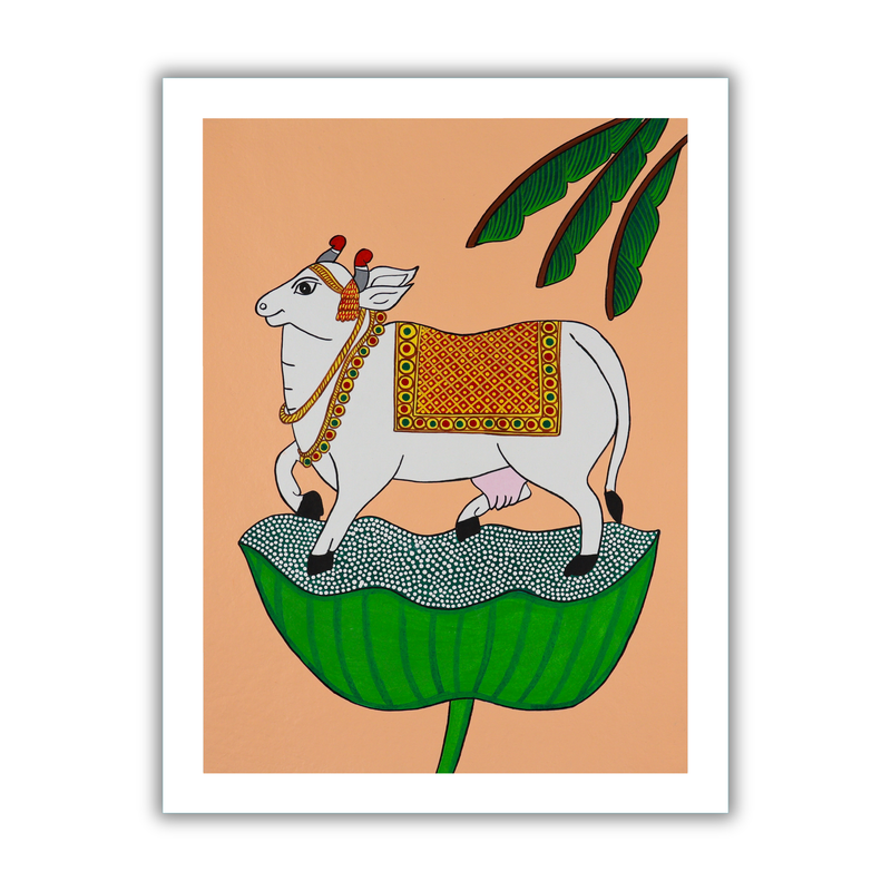 Framed artwork of a colorful cow illustration on a peach background-with handmade pichwai painting