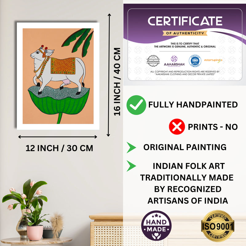 Framed artwork with dimensions, authenticity certificate and handmade iso certified-cow pichwai painting