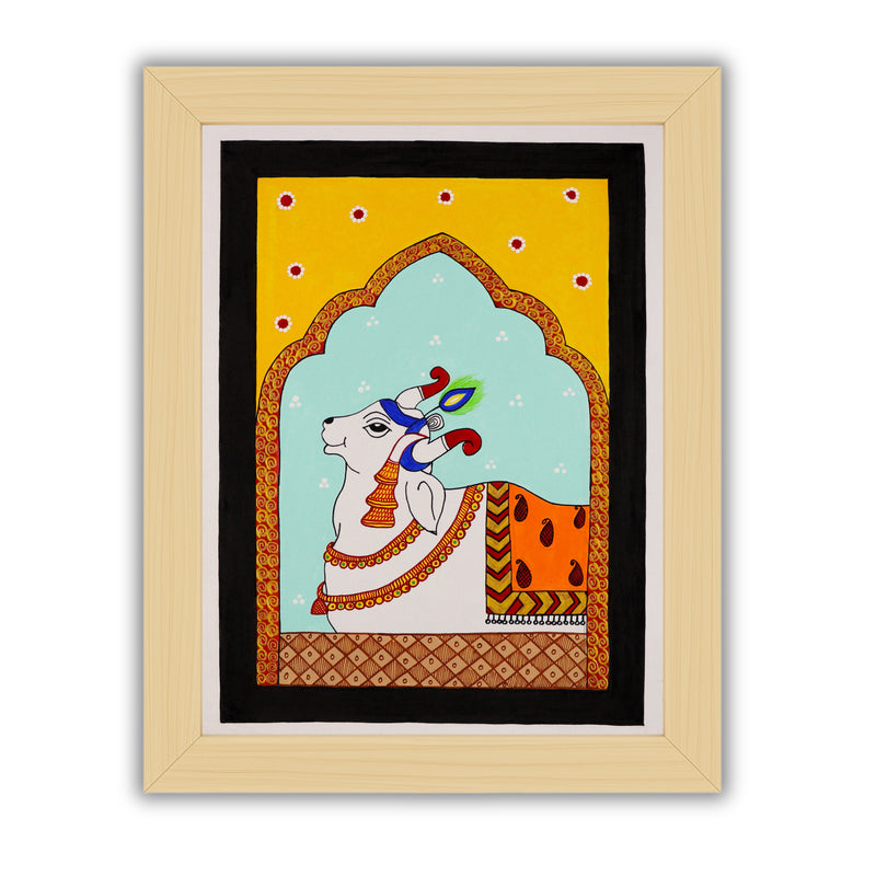 Framed artwork of a colorful cow illustration on a yellow background-with handmade pichwai painting