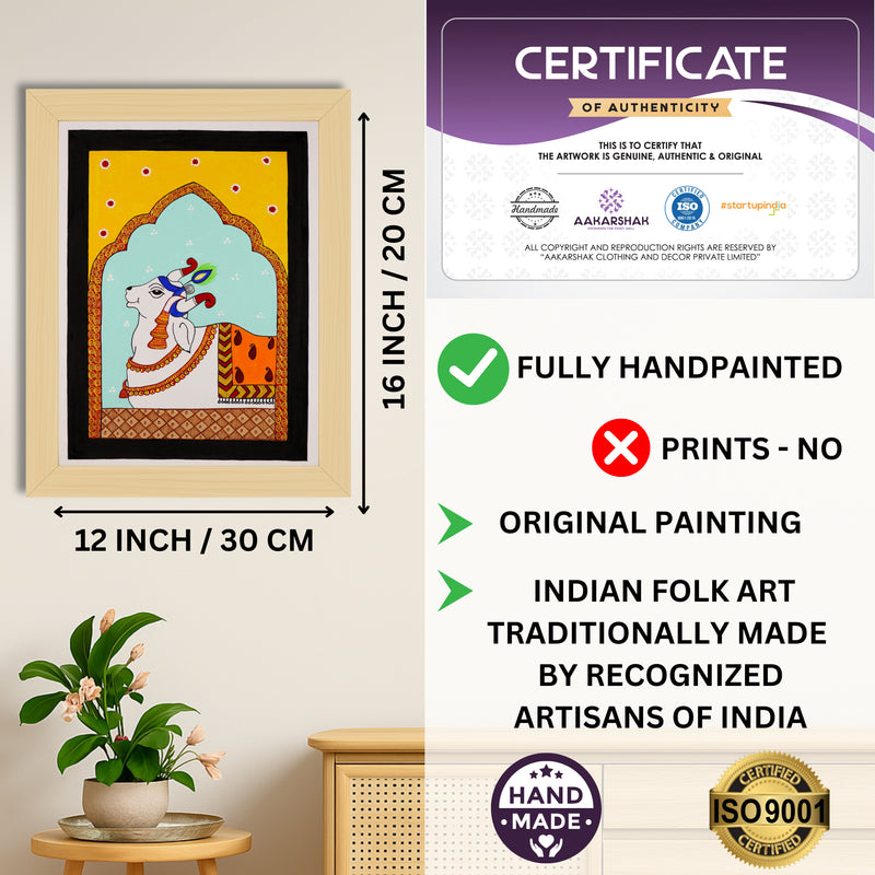 Framed artwork with dimensions, authenticity certificate and handmade iso certified-cow pichwai painting