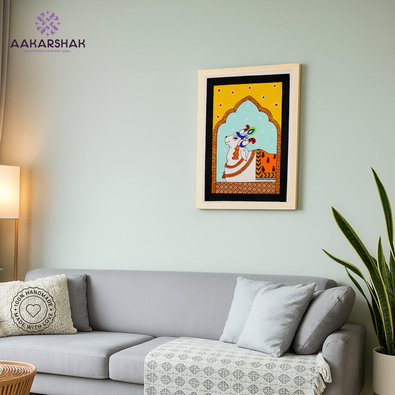 vibrant handmade cow painting-depicting indian folk traditions
