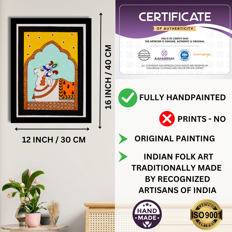 Framed artwork with dimensions, authenticity certificate and handmade iso certified-cow pichwai painting
