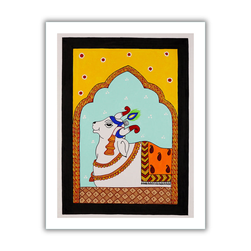 Framed artwork of a colorful cow illustration on a yellow background-with handmade pichwai painting