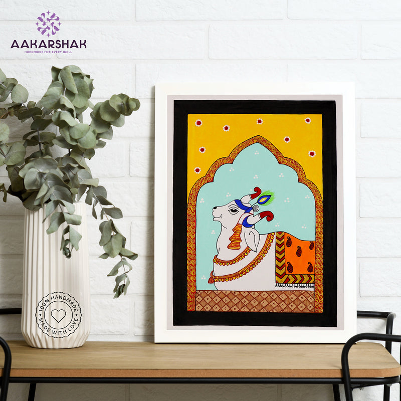 Framed artwork with cow design on a yellow background-handmade pichwai painting for home decor
