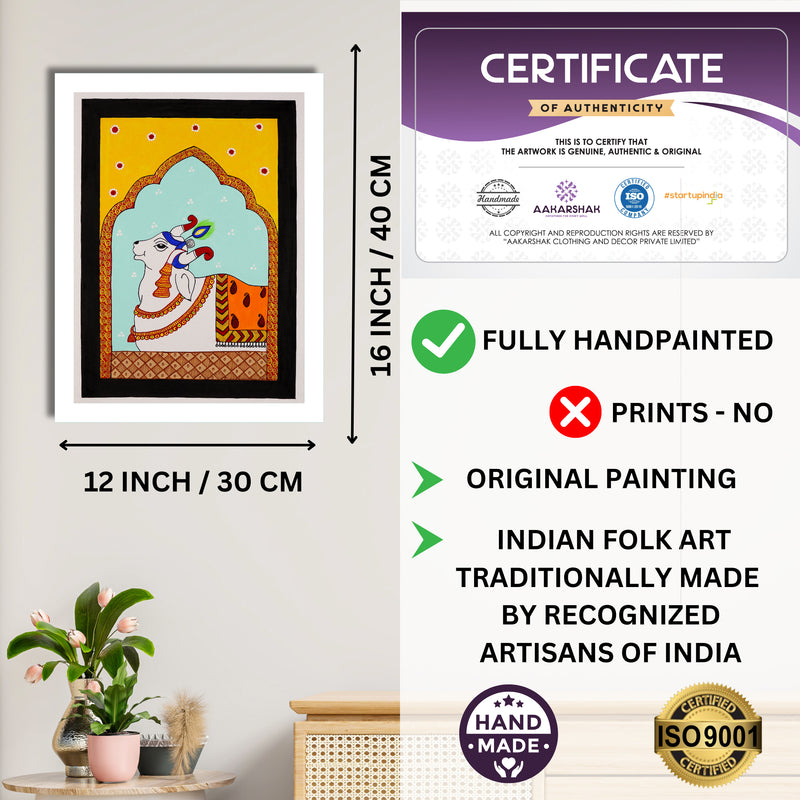 Framed artwork with dimensions, authenticity certificate and handmade iso certified-cow pichwai painting
