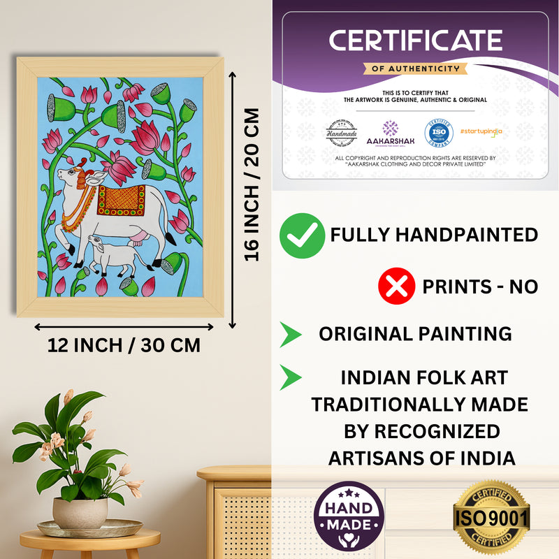 Framed artwork with dimensions, authenticity certificate and handmade iso certified-cow pichwai painting