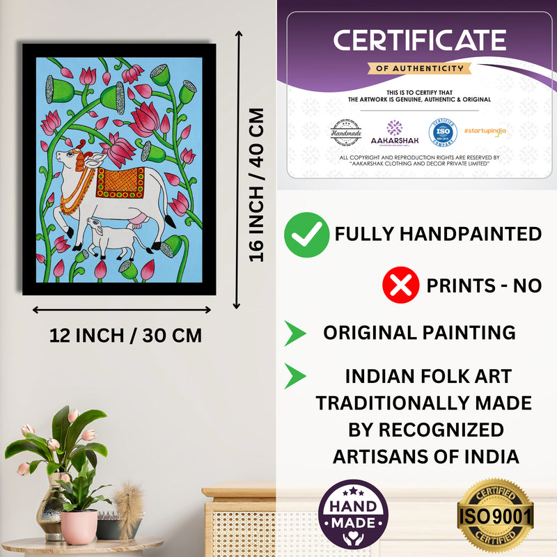 Framed artwork with dimensions, authenticity certificate and handmade iso certified-cow pichwai painting