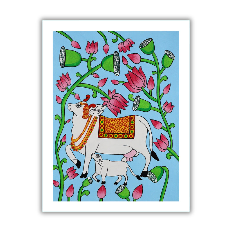 Framed artwork of a colorful cow illustration on a blue background-with handmade pichwai painting