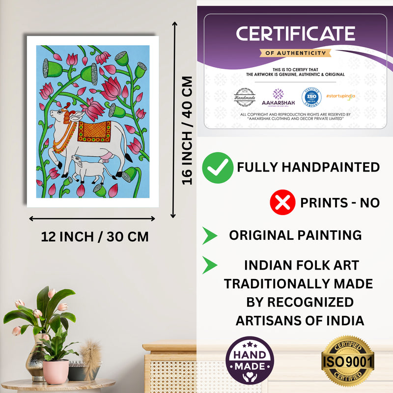 Framed artwork with dimensions, authenticity certificate and handmade iso certified-cow pichwai painting