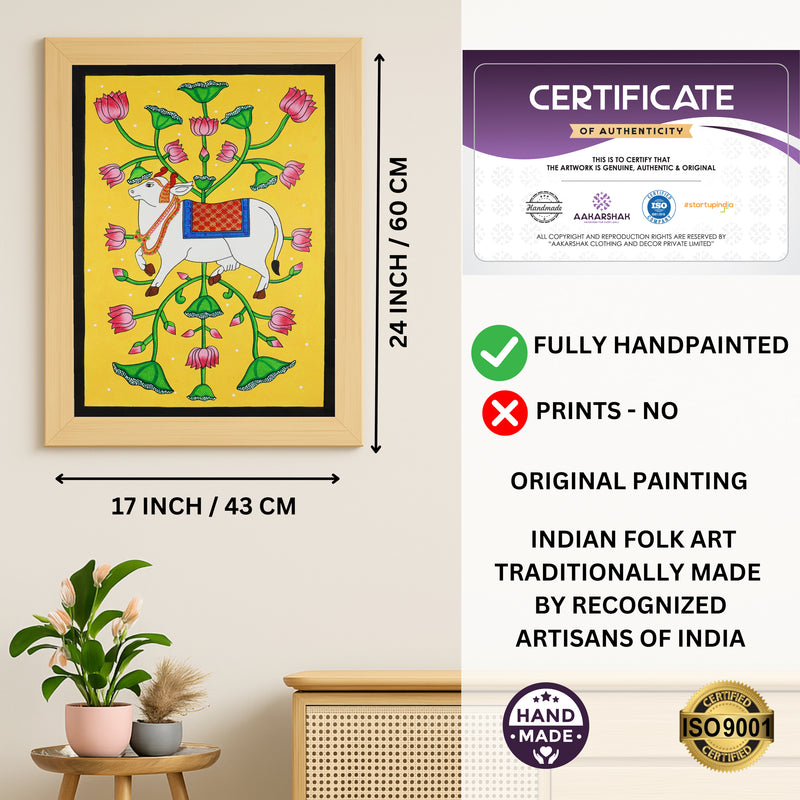 Framed artwork with dimensions, authenticity certificate and handmade iso certified-cow pichwai painting