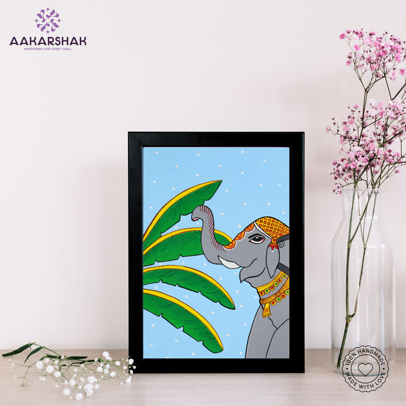 Framed artwork of an elephant pichwai painting with sky background-with tabletop stand for home decor