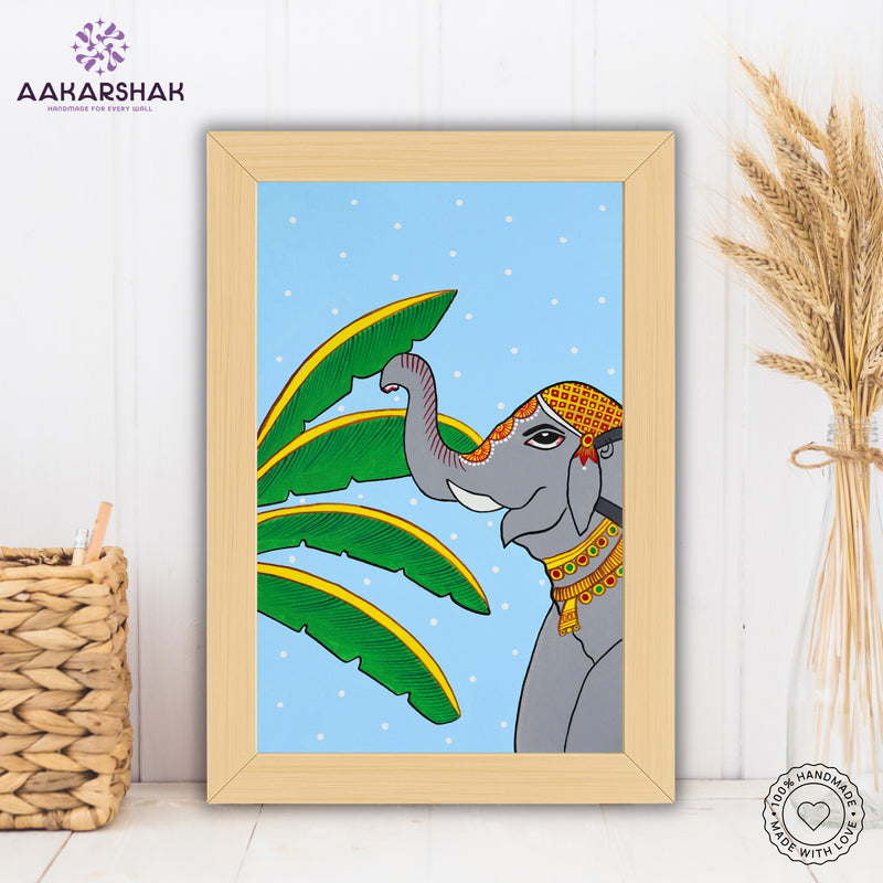 Framed artwork of an elephant pichwai painting with sky background-with tabletop stand for home decor