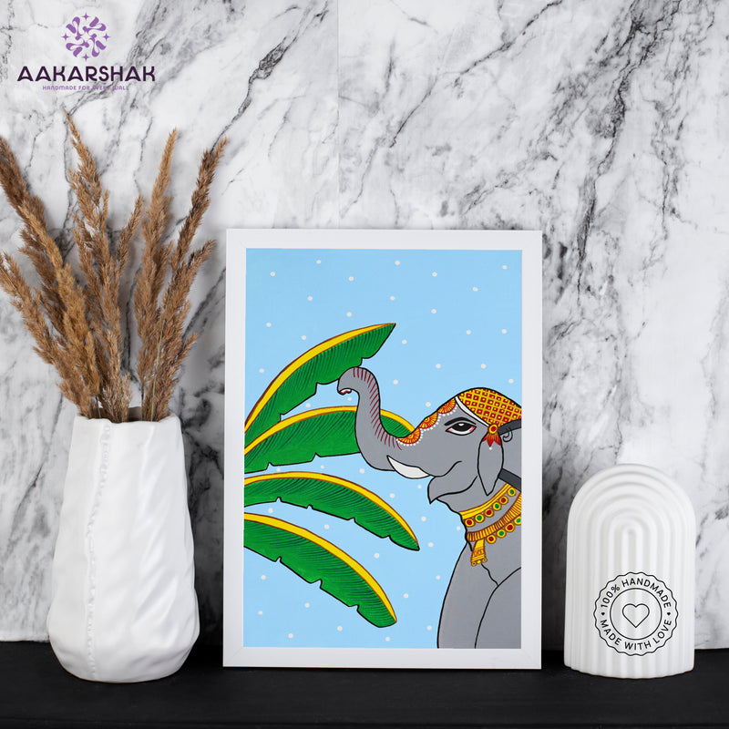 Framed artwork of an elephant pichwai painting with sky background-with tabletop stand for home decor