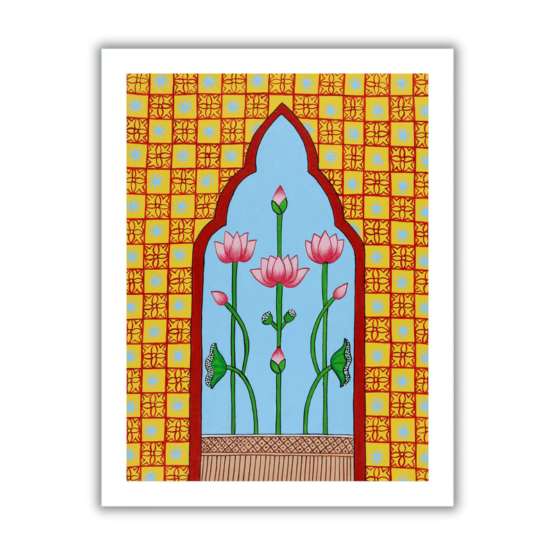 Framed artwork of a colorful jharokha illustration on a blue background-with handmade pichwai painting