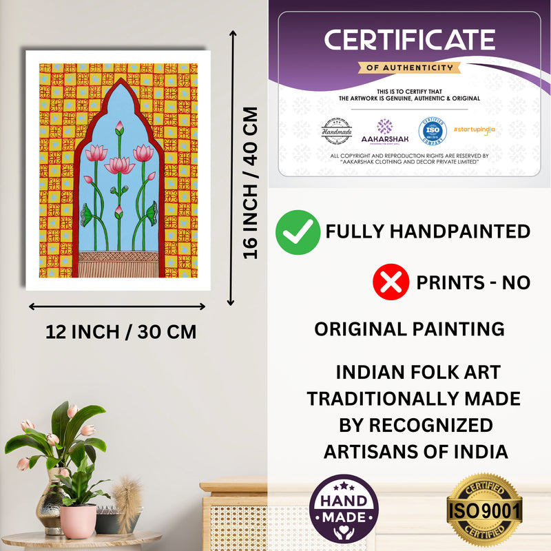Framed artwork with dimensions, authenticity certificate and handmade iso certified-jharokha pichwai painting