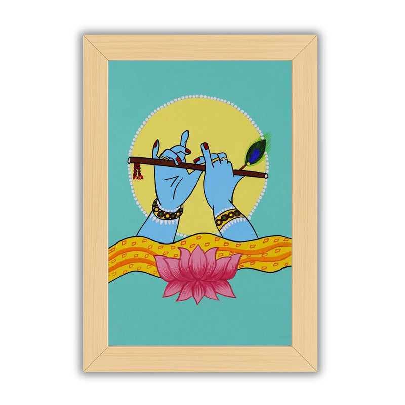 pichwai painting krishna illustration of hands and flute with a lotus flower and peacock feather on a teal green background.