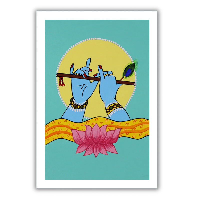 pichwai painting krishna illustration of hands and flute with a lotus flower and peacock feather on a teal green background.
