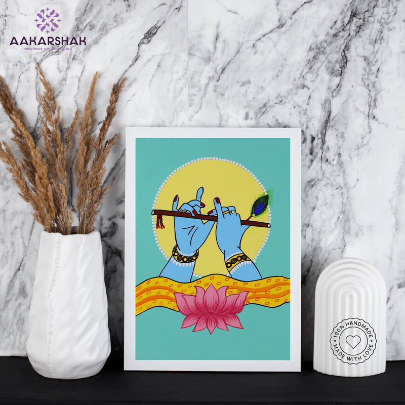 Framed artwork with krishna hands playing a flute on a teal background-with tabletop stand for home decor