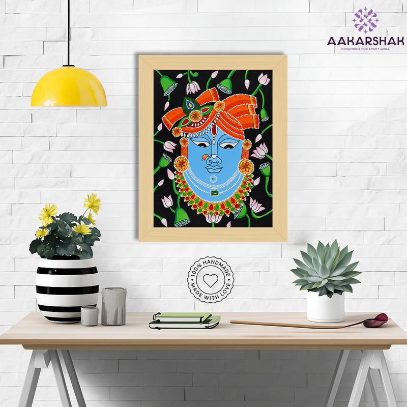 Framed artwork with krishna design on a black background-handmade pichwai painting for home decor