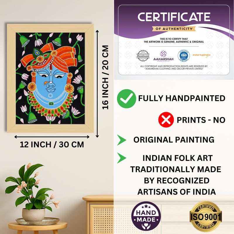 Framed artwork with dimensions, authenticity certificate and handmade iso certified-krishna pichwai painting
