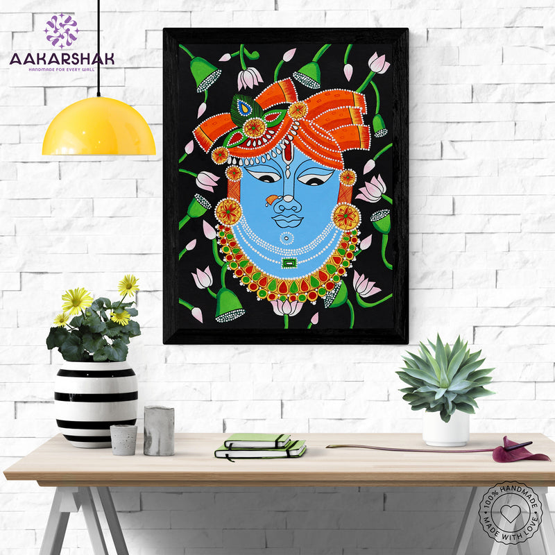 Framed artwork with krishna design on a black background-handmade pichwai painting for home decor