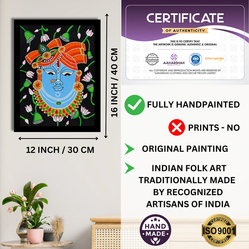 Framed artwork with dimensions, authenticity certificate and handmade iso certified-krishna pichwai painting