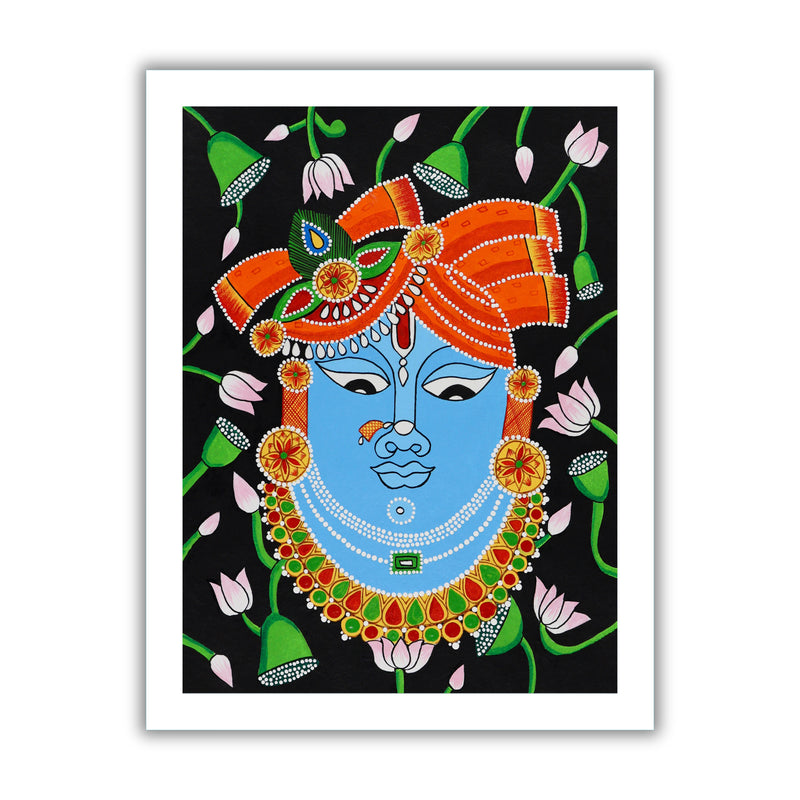 Framed artwork of a colorful krishna illustration on a black background-with handmade pichwai painting