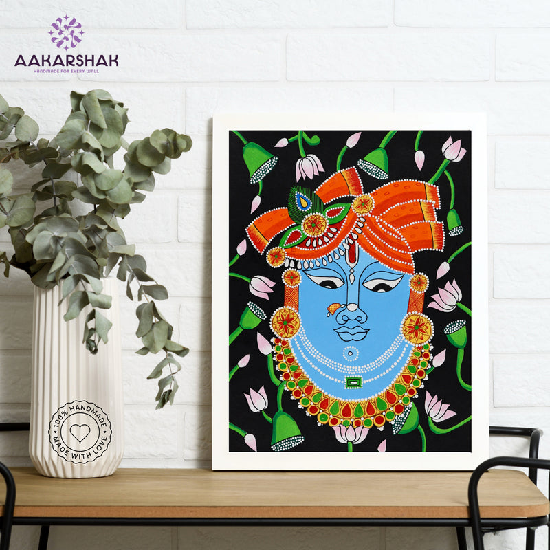 Framed artwork with krishna design on a black background-handmade pichwai painting for home decor