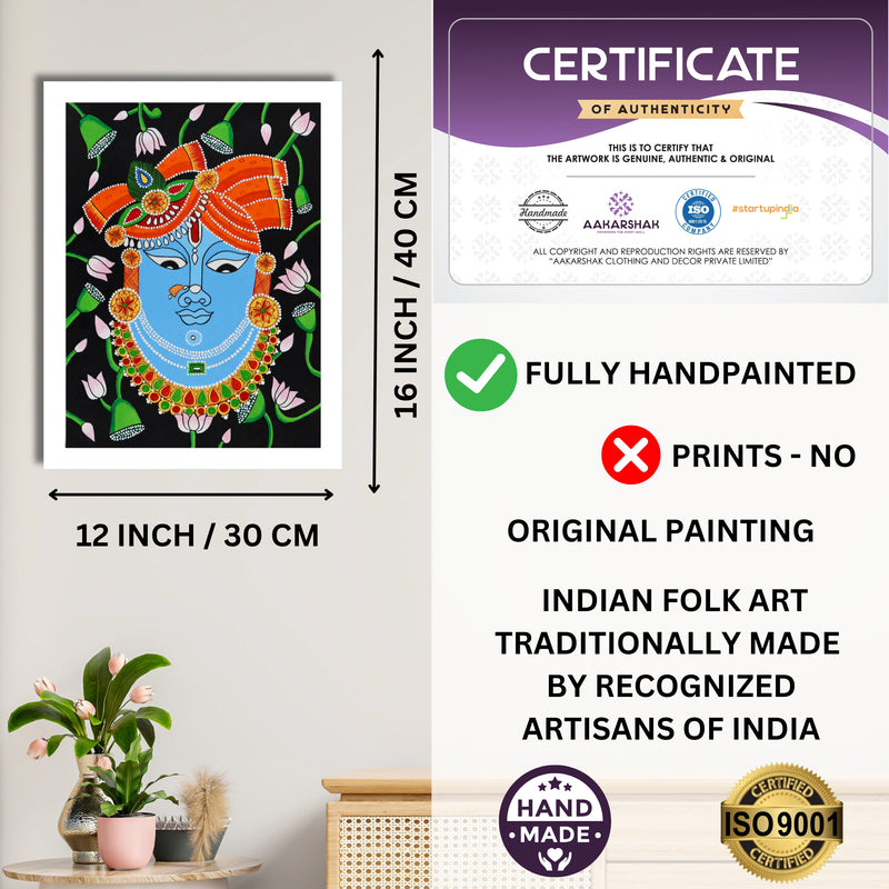 Framed artwork with dimensions, authenticity certificate and handmade iso certified-krishna pichwai painting