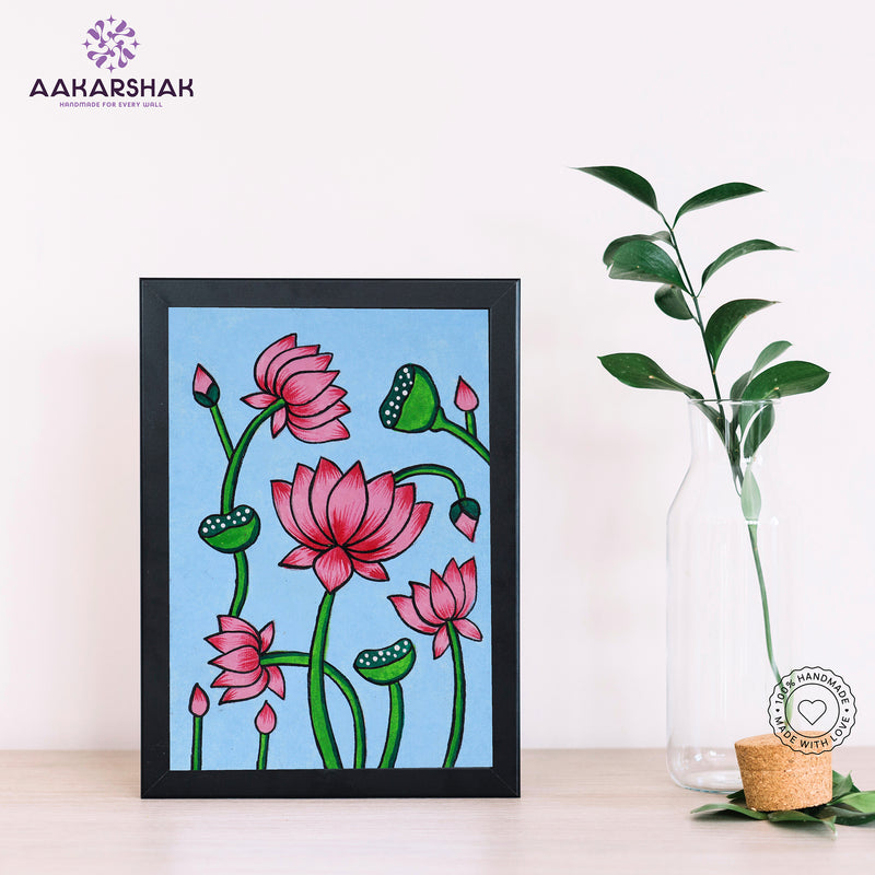 Handmade pichwai lotus painting-with tabletop stand for home decor