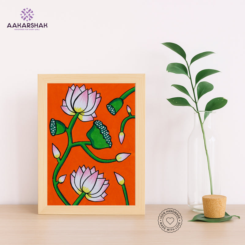 Handmade pichwai lotus painting-with tabletop stand for home decor
