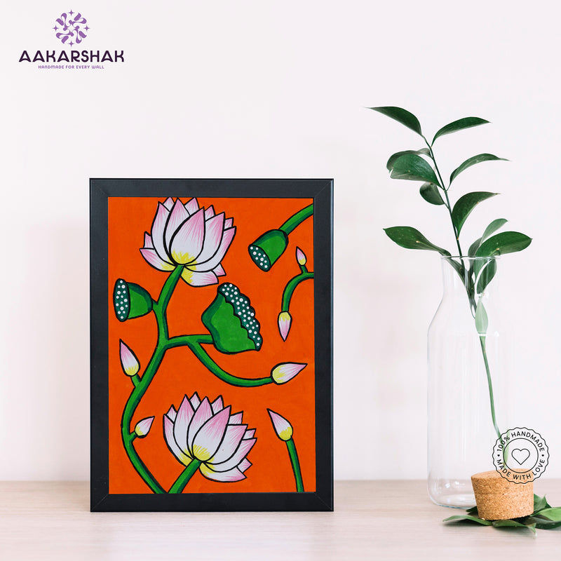 Handmade pichwai lotus painting-with tabletop stand for home decor