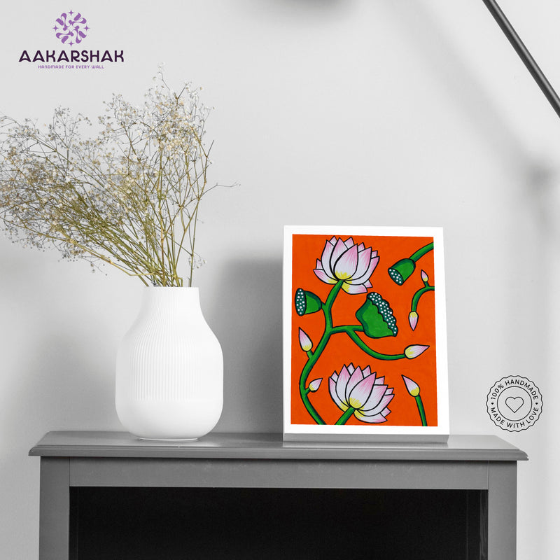 Handmade pichwai lotus painting-with tabletop stand for home decor