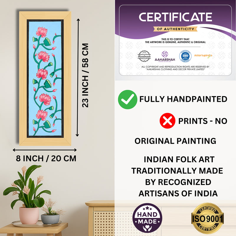 Framed artwork with dimensions, authenticity certificate and handmade iso certified-lotus pichwai painting